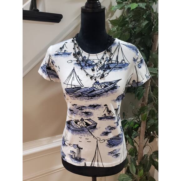 Weekends by Chico's T-Shirt Women Size 0/S Multicolor Geometric Print Cap Sleeve - Picture 1 of 14